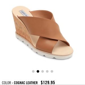 Steve Madden Floretta Cognac Leather Cork Peep Toe Crossover Wedge Heels